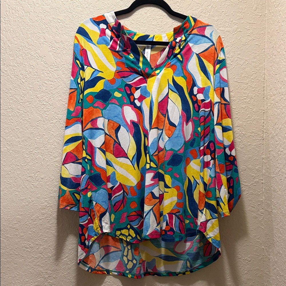 Chico's Multicolor Leaf-Print Tunic in Teal, Yellow, Pink & Orange